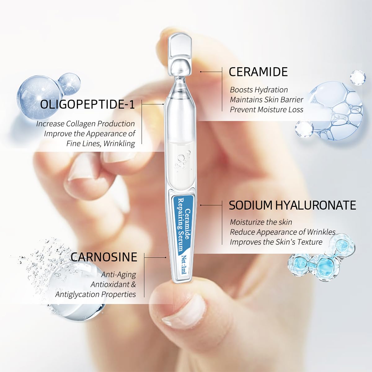 BACHERI Ceramide Ampoule Serum with Hyaluronic Acid, Peptide, Hydrating & Anti Aging, Skin Barrier Repair Face Serum for Dry and Sensitive Skin, 30 Pcs/Box