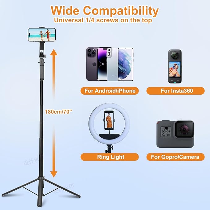 70inch Selfie Stick Phone Tripod with Rechargeable Remote,Portable Extendable 3 in 1 Cell Phone Tripod Stand for Video Recording,Travel Selfie Stick for iPhone and Android