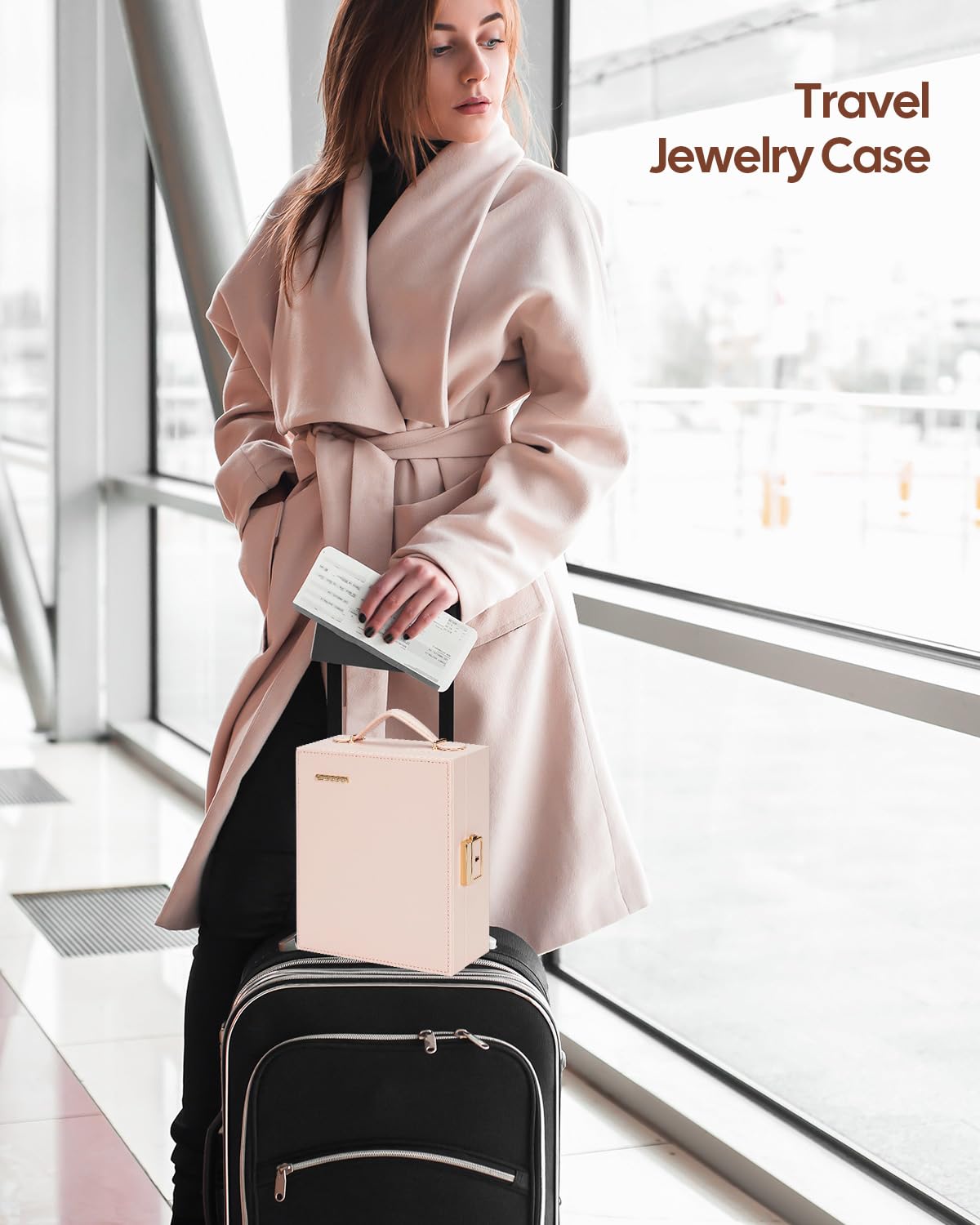 Enthralite Travel Jewelry Case, Essentials for vacation, Portable Bangle Box with Mirror, PU Leather Small Watch Organizer for Rings, Earrings, Necklaces, Bracelets (Light Pink)