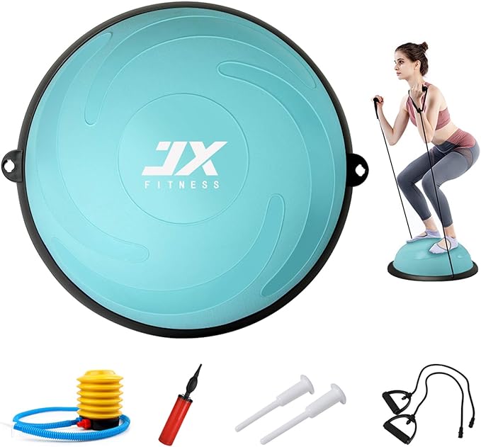 JX FITNESS 58cm Balance Half Ball Trainer, Stability Exercise Yoga Half Ball with Resistance Bands & Pump - Improve Core and Ab Strength with Full Body Home Gym Workouts Or Fitness Training