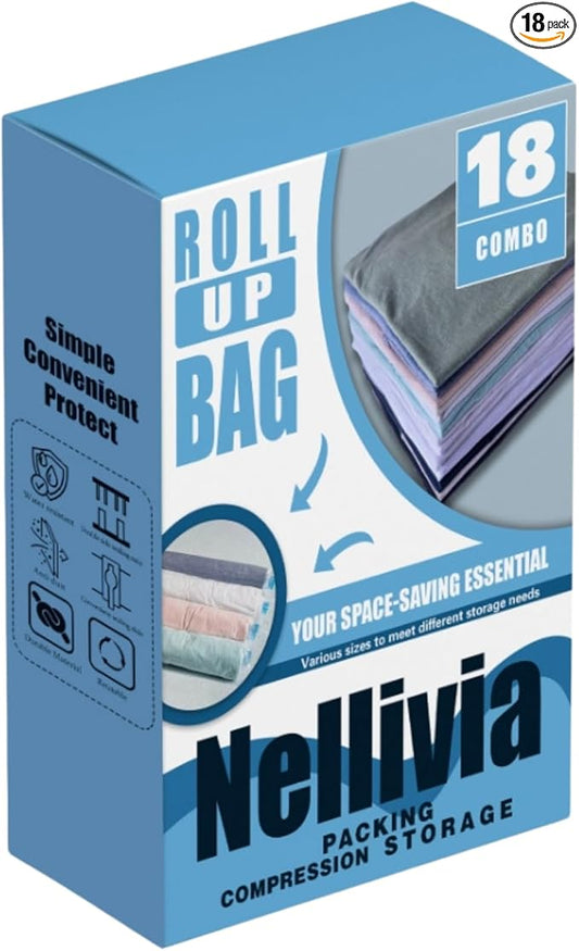 18 Pack Compression Bags for Travel, Roll Up Space Saver Bags for Clothes Storage, Compact Packing travel organizer for Luggage, Suitcase, Backpack, No Pump or Vacuum Needed