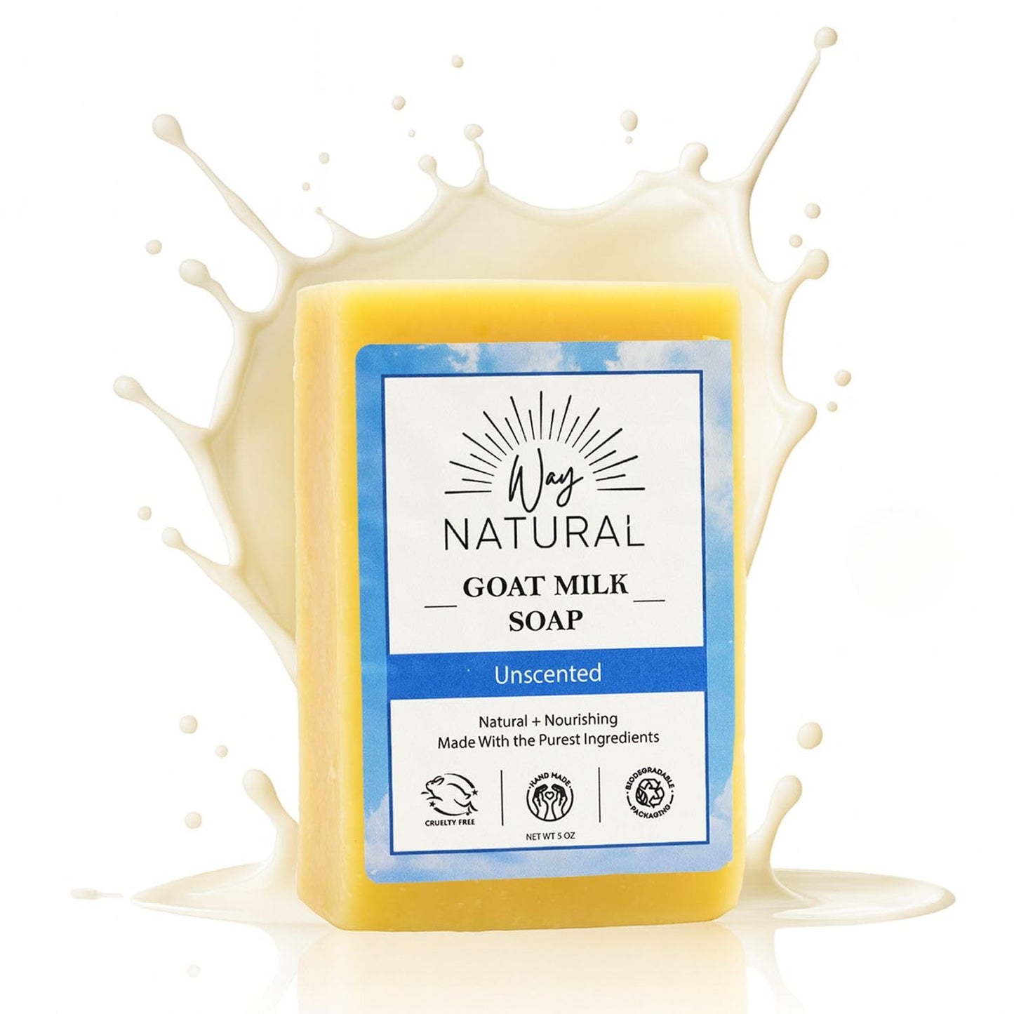 Way Natural Goat Milk Soap Bar, Unscented - Premium, Handmade w/Real Milk in USA - Hand & Body Goat Soap - Dry, Sensitive Skin, Gentle, No Dyes - (1 Large, 5oz)