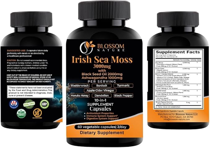 10-in-1 Irish Sea Moss Veggie Caps 3000mg Black Seed Oil Ashwagandha Bladderwrack Burdock Turmeric Apple Cider Vinegar Manuka Honey Dandelion Black Pepper - Made in US(Veggie Caps, Unflavored)