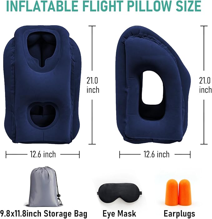Inflatable Travel Pillow for Airplanes, Airplane Pillow for Supports Neck, Used for Planes, Trains, Cars, Includes Storage Bag, Eye Mask & Earplugs (Blue)