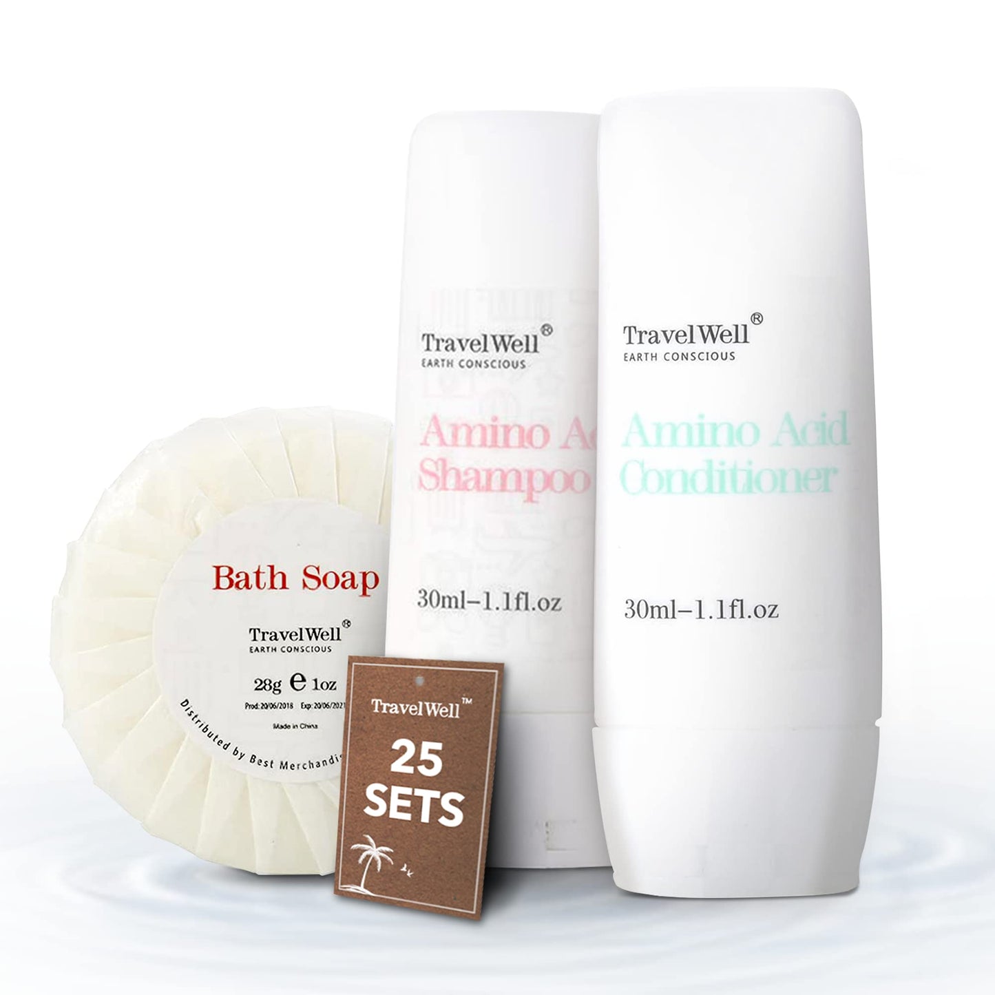 Travel Well Hotel Amenities 30ml Shampoo And Conditioner Set (25 Bottles) with Mini Soap Bars (25 Bars, 28g) - Travel Size Toiletry Kit