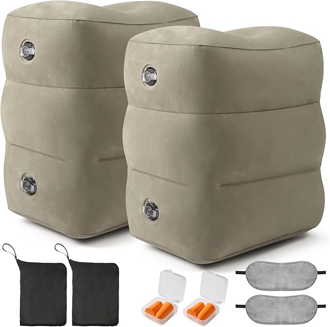 Inflatable Foot Rest Pillow for Travel - Adjustable Height Flight Foot Rest with Eye Mask and Earplugs for Kids & Adults on Airplane, Car, Train, Office, and Home (Gray, 2 PCS)