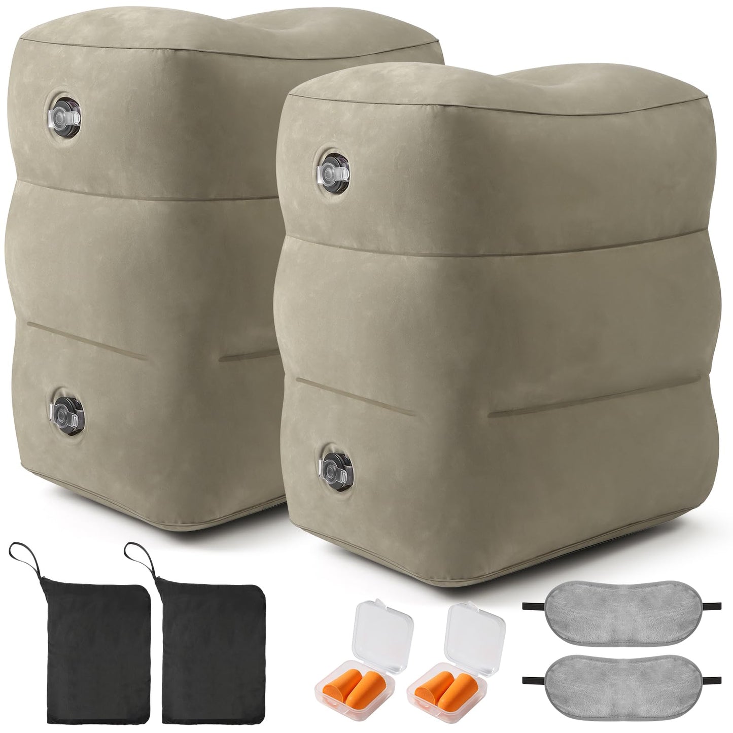 Inflatable Foot Rest Pillow for Travel - Adjustable Height Flight Foot Rest with Eye Mask and Earplugs for Kids & Adults on Airplane, Car, Train, Office, and Home (Gray, 2 PCS)