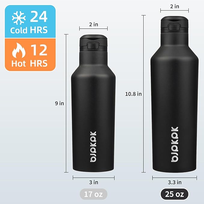 BJPKPK Insulated Water Bottle With Straw 25oz Stainless Steel Water Bottles With 2 Lids And Carry Handle Reusable Travel Metal Thermo,Black
