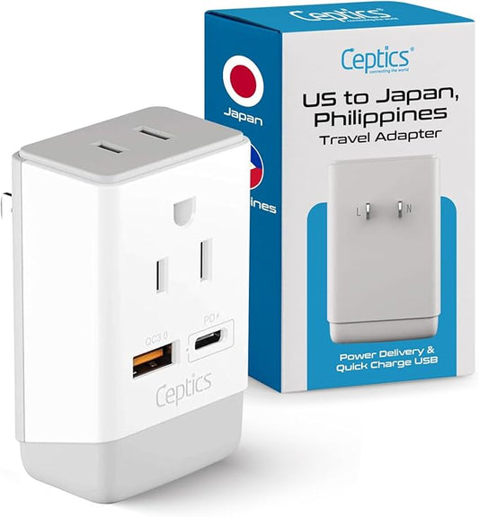 Ceptics Japan, Philippines Power Travel Plug Adapter, QC 3.0 & PD, Safe Dual USB & USB-C - 2 USA Socket Compact & Powerful - USA 3 Pin Polarized to 2 Prong Unpolarized - Type A - AP-6 Fast Charging