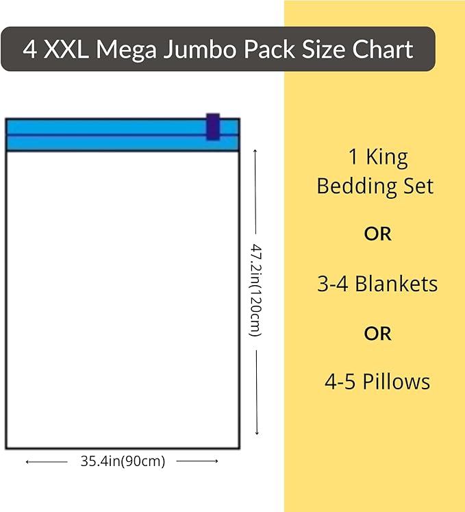 4 Mega Jumbo XXL Vacuum Storage Bags with Pump (47x35in), Supersized Compression Space Saver for Comforter, duvet, Bedding, Blanket storage, Vacuum Seal Bags for Clothing, Stuffed Toy, Cushions