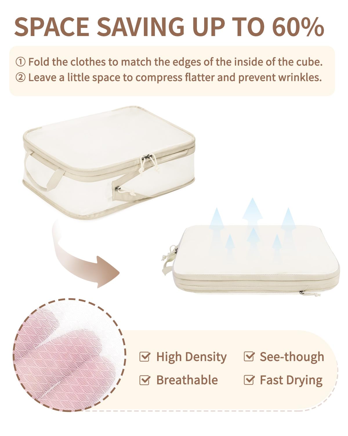 ECOHUB 6 Set Compression Packing Cubes, Lightweight Beach Vacation Travel Essentials Durable Travel Accessories for Suitcase Carry On Luggage Organizer Bags with YKK Zippers Shoe Bag, Beige