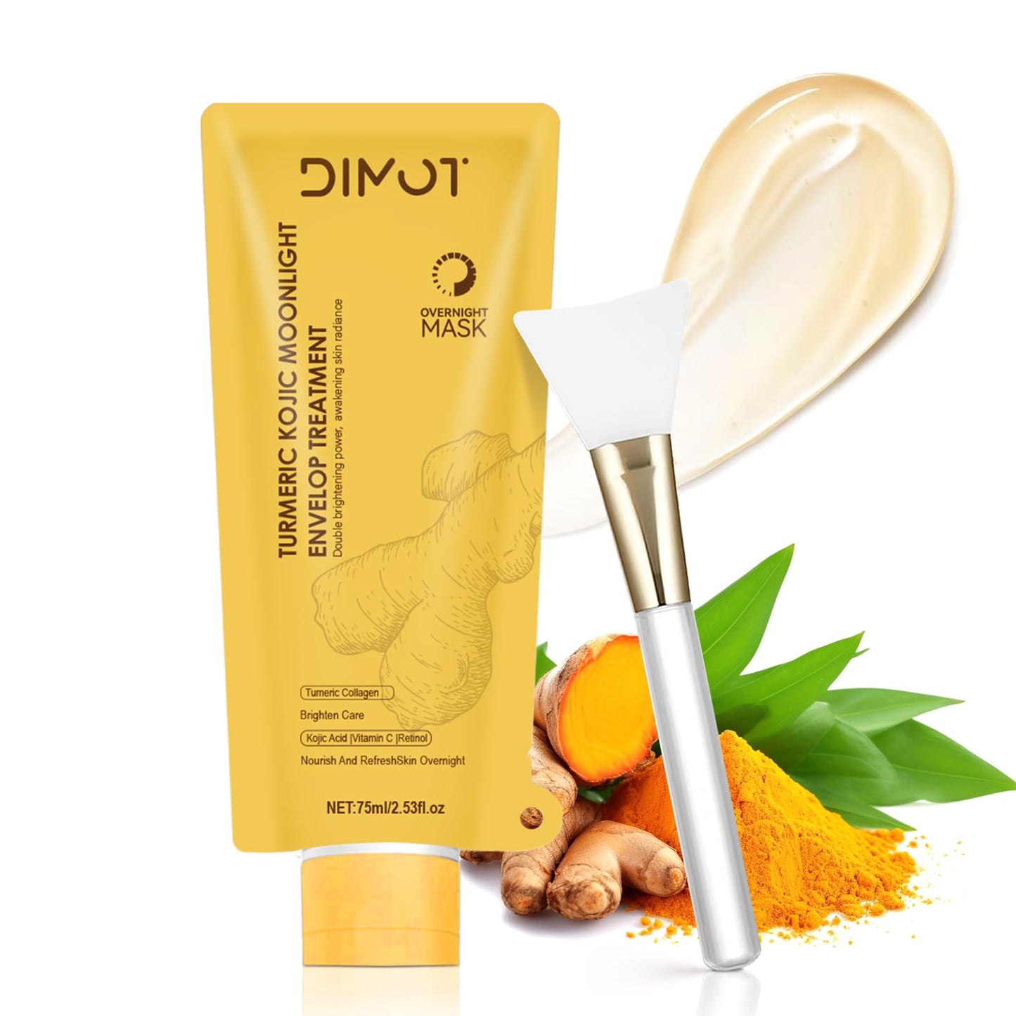 Turmeric Collagen Night Wrapping Mask with Retinol - Hydrating, Firming & Glowing Facial Mask Nourishes Skin, Refines Skin Texture - Turmeric Peel off Mask With Brush for All Skins, 2,53 fl.oz
