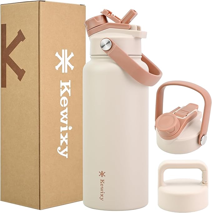 32 oz Insulated Water Bottle, 2-in-1 Lid, Straw & Spout with Protected, Leak Proof, Keep Cold, Stainless Steel, Metal, Reusable, Handle, for Outdoor, Gym and School, 2 Lids, Mousse