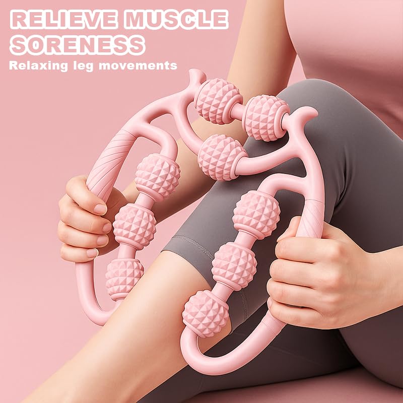 9 Wheel Leg Massager Roller for Lymphatic Drainage & Cellulite, Muscle Massage Stick for Deep Tissue Pain Relief, Body Sculpting for Thighs, Legs, Waist, Arms - Pink