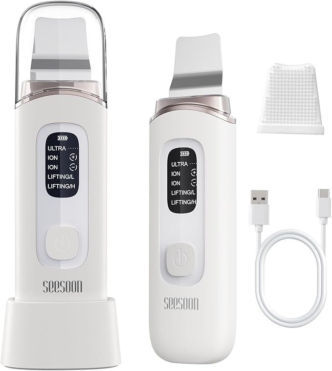 4 in1 Facial Skincare Scrubber,Skin Scrubber Face Spatula - Blackhead Remover with 4 Modes, Pore Extractor Face Spatula Deep Cleansing for Facial Skincare LCD Display, IPX7 Waterproof-Purple-White