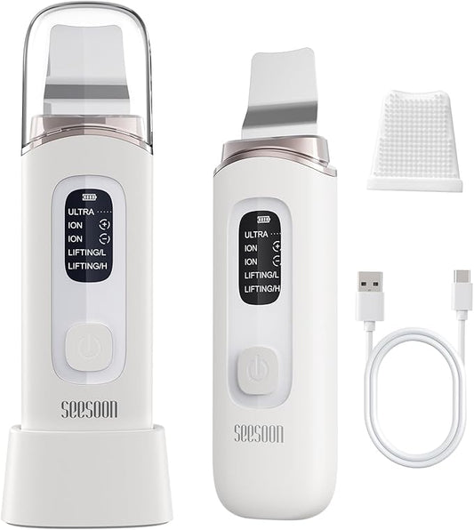 4 in1 Facial Skincare Scrubber,Skin Scrubber Face Spatula - Blackhead Remover with 4 Modes, Pore Extractor Face Spatula Deep Cleansing for Facial Skincare LCD Display, IPX7 Waterproof-Purple-White