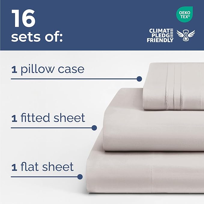 Bulk Case Pack of 16 Sheet Sets - (16) Complete Sheet Sets - Bulk Twin XL Bedding - Wholesale Case Pack for Hotels & Airbnbs - Deep Pocket & Wrinkle Free - Cooling & Breathable - Twin XL, Light Grey