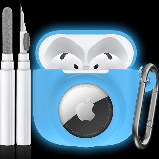 2 in 1 Silicone Case Compatible with AirPod 4 and AirTag, Shockproof Protective Skin Cover for AirPods 4th Generation with Cleaner Kit & Carabiner (Glow Blue)