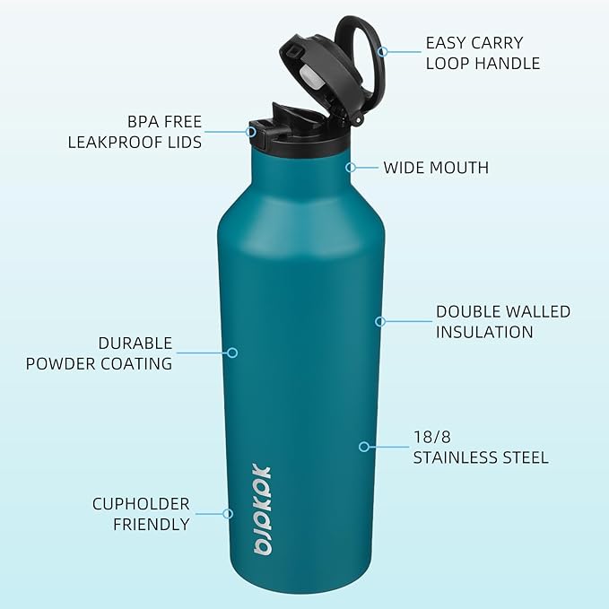 BJPKPK Insulated Water Bottle With Straw 25oz Stainless Steel Water Bottles With 2 Lids And Carry Handle Reusable Travel Metal Thermo,Lake Blue