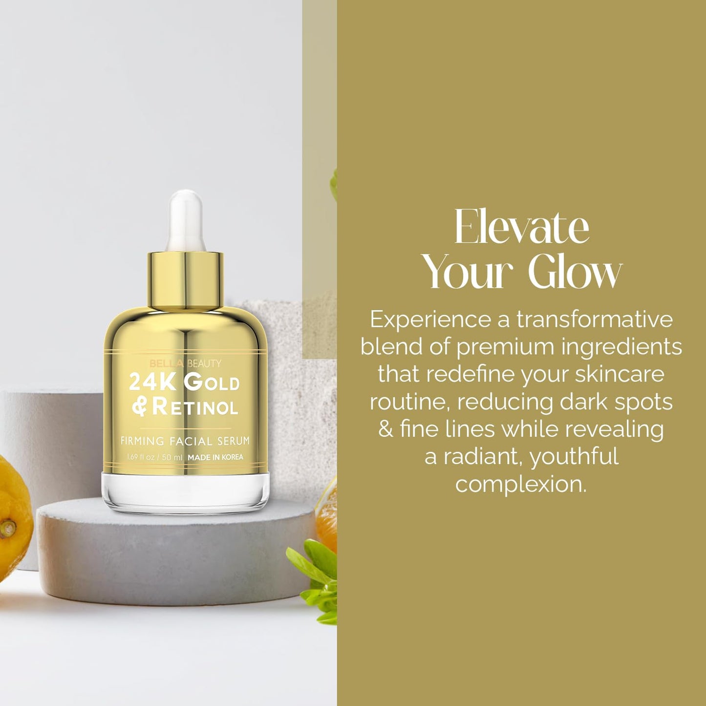 Bella Beauty 24K Gold & Retinol Face Serum - Reduces Age Spots, Fine Lines & Wrinkles, Lifting & Firming - Dermatologist Tested, Cruelty-Free Korean Skin Care for All Skin Types - 1.69 Fl. Oz