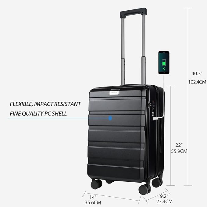 KROSER Carry On Luggage with Spinner Wheels & Built-in TSA Lock, Expandable Top Loading Hard Shell Suitcase Large Capacity Durable Rolling Luggage with USB Port, Carry-On 20-Inch, Black