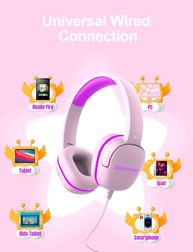Kids Headphones for School, 3.5mm Jack Wired Headphones for Kids with Safe Volume Limiter, HD Stereo Sound On-Ear Girls Boys Toddler Headphone for Tablet, iPad, Kindle(Pink)
