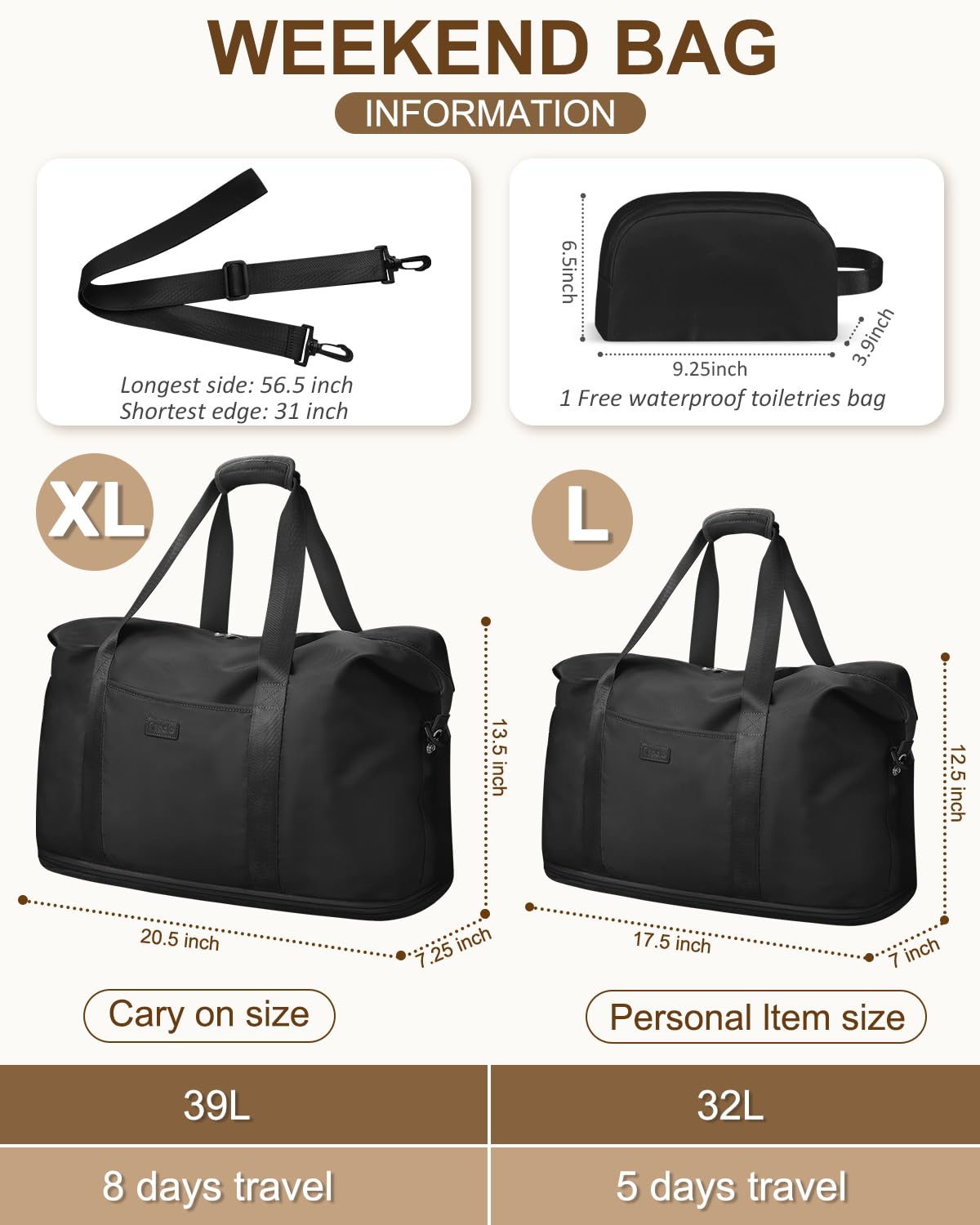 Expandable Travel Duffle Bag, Waterproof Weekender Overnight Bags for Women Men Hospital Bag for Women Labor Delivery Carry on Bag with Toiletry Bag for Travel Gym Airplanes(Black, X-Large)