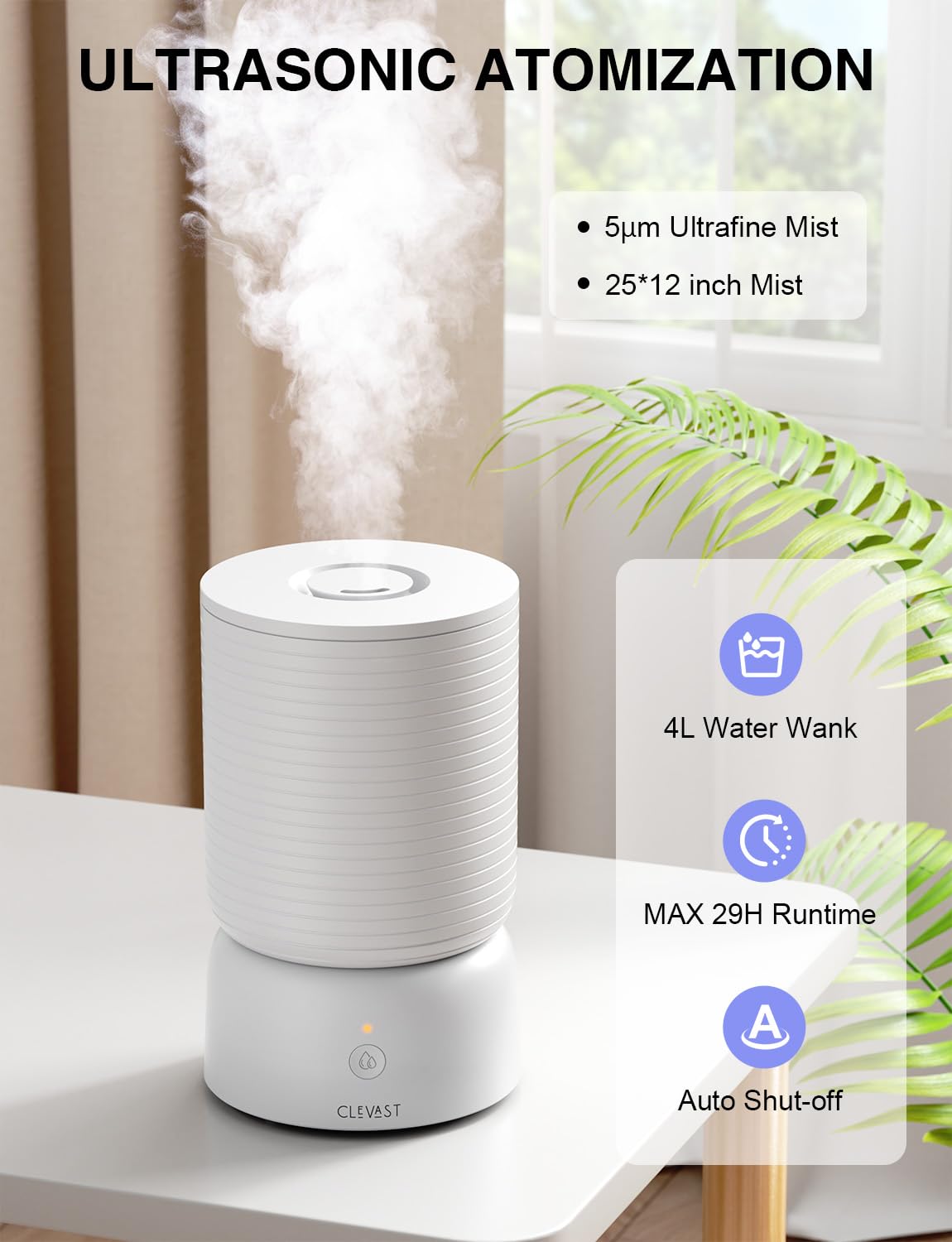 CLEVAST Smart Humidifiers for Bedroom, 1 Gal/4L Cool Mist Top Fill Humidifier with Essential Oil Diffuser, Quiet Operation for Baby Nursery, Home, Office, Large Room, Works with Alexa/Google Assistant