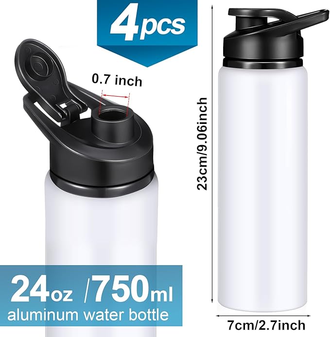 CHENGU 4 Pcs Aluminum Water Bottle 24oz Aluminum Reusable Bottles Lightweight Snap Lid Sports Water Multipack Easy Carry Leak Proof Travel for Gym Camping Hiking Outdoor Fishing (White)