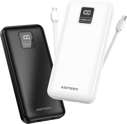 AsperX 2-Pack 10000mAh Portable Charger, USB C Power Bank Fast Charging with Built-in Cables, LED Display External Battery Pack for iPhone, Android, Google LG and Heated Vest