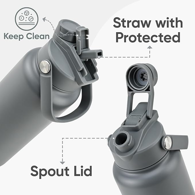 24 oz Insulated Water Bottle, 2-in-1 Lid, Straw & Spout with Protected, Leak Proof, Keep Cold, Stainless Steel, Metal, Reusable, Handle, for Travel, Gym and School, 2 Lids, Char Gray