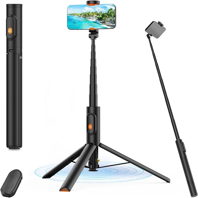 57" Automatic Phone Tripod, Extendable Selfie Stick for iPhone, Portable Cell Phone Stand Mount Holder with Remote Control for Selfie Stick TIK Tok Travel Vlog Live Broadcast Video Recording Black