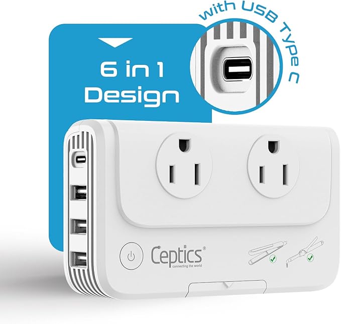 Ceptics Travel Voltage Converter -200W Convert 220V to 110V for Curling Iron, Straightener, Charger Step Down World Power Plug - 4 USB PD 18W Fast Charging - SWadApt - Type A, B, C, E/F, G, I Include