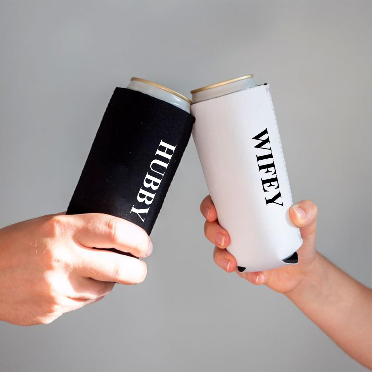 PartyGifts&beyond Honeymoon Essentials Hubby and Wifey Gifts Slim Can Coolers Wedding Can Coolers Engagement Gifts for Couples(HW-TR)