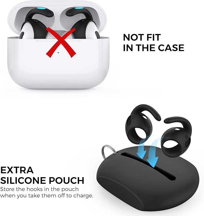 AhaStyle 4 Pairs AirPods Pro 2 Ear Hooks【Added Storage Pouch】 Anti-Slip Ear Covers Silicone Accessories Compatible with Apple AirPods Pro 2nd Generation (2 Large+2 Small, Black)