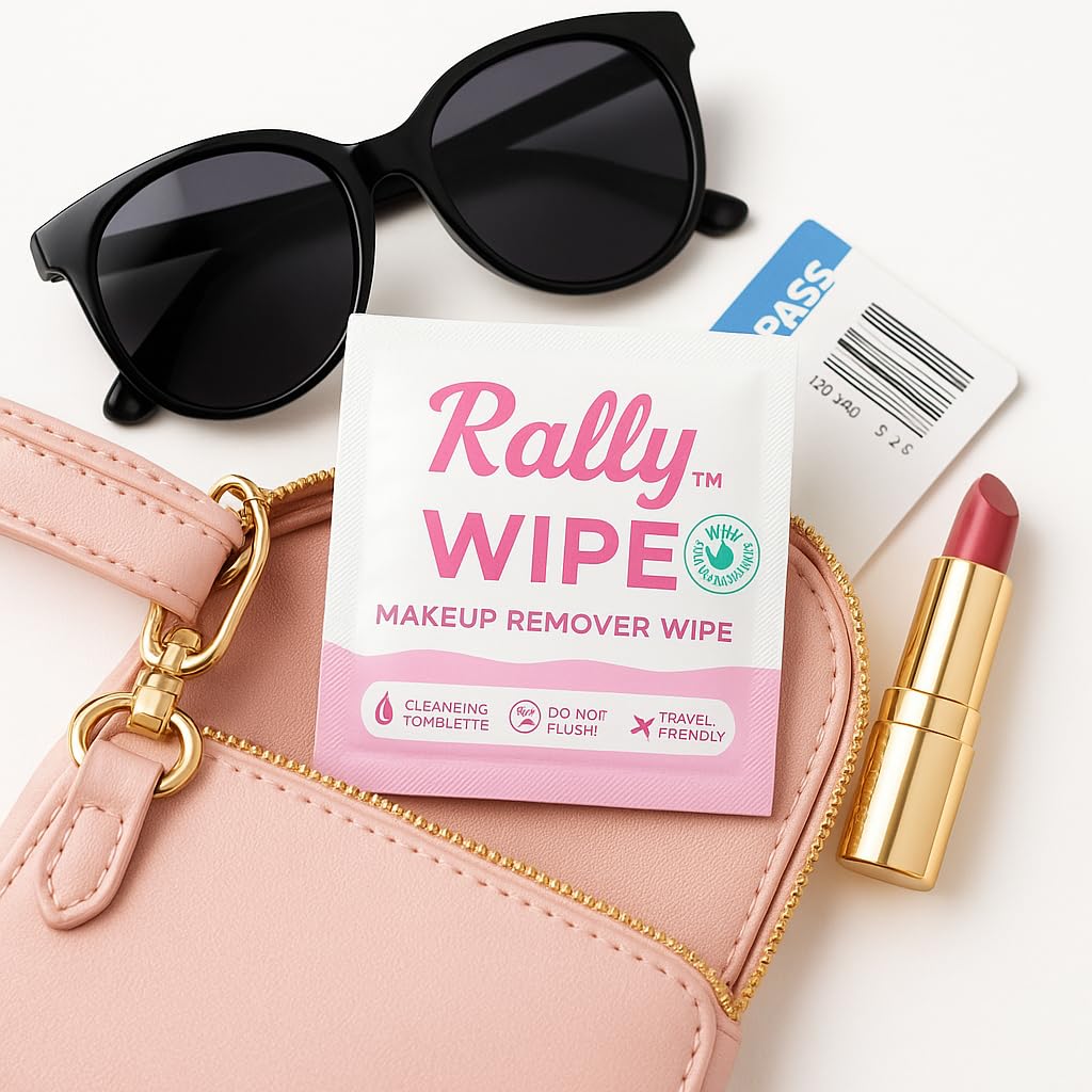 Rally Wipes – Mess-Free Individually Wrapped Makeup Remover Wipes with Micellar Water, Vitamin E, Aloe – Individually Wrapped for Travel, Gym, Car & Purse (30 Count)