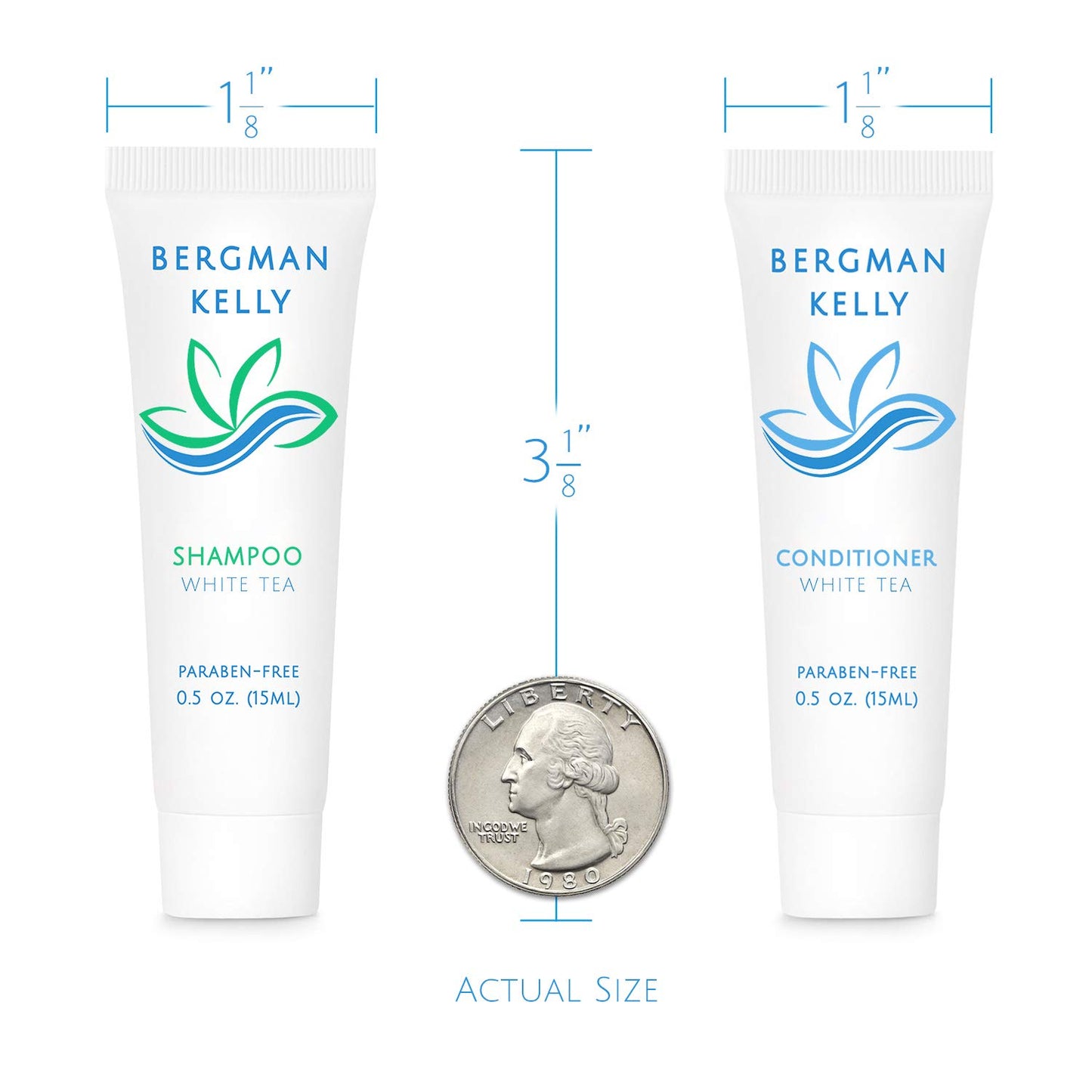 Bergman Kelly - Travel Shampoo and Conditioner Set - 0.5 fl oz, 100 Pieces, White Tea - Delight Your Guests with Revitalizing and Refreshing Hotel Toiletries and Guest Hospitality in Bulk