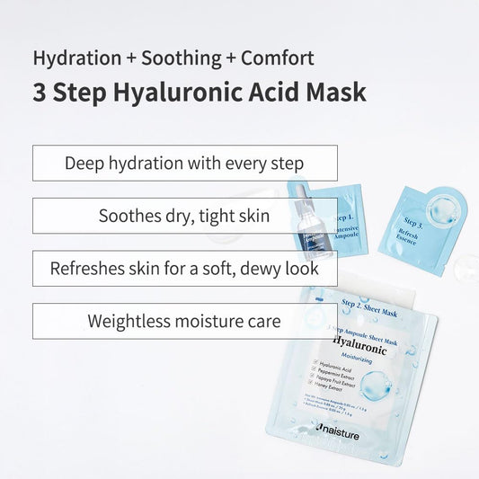 Naisture 3 Step Ampoule Hydrating Sheet Mask Set for Skin Elasticity, Smoothing, and Moisture. Korean Skincare Kit with Ampoule, Mask, and Essence (5 pcs) (Hyaluronic Acid)