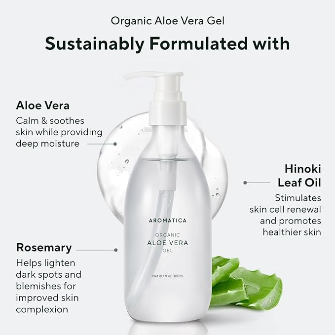 AROMATICA Organic Aloe Vera Gel (2 pack), After Sun Care and Sunburn Relief with Pure Aloe Vera Gel Face&Hair, Sun Burn Moisturizer EWG Verified (10.14oz/300ml)