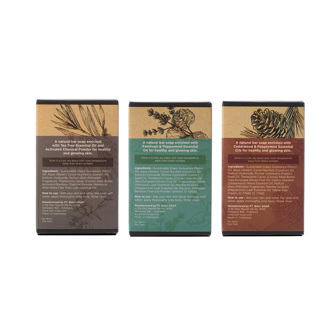 Bali Soap - Earthy Collection - Natural Soap Bar for Body and Face with Premium Essential Oil - Handmade, Vegan, Plant Based Cold Process 3pc Variety Pack, 3.5oz each