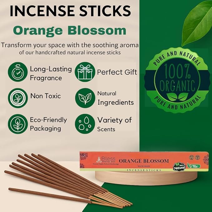Bless-Orange-Blossom 100%-Natural-Handmade-Hand-Dipped-Incense-Sticks Organic-Chemicals-Charcoal-Free Purification-Relaxation-Positivity-Yoga-Meditation Best-Woods-Scent (80 Sticks (4.20 OZ))