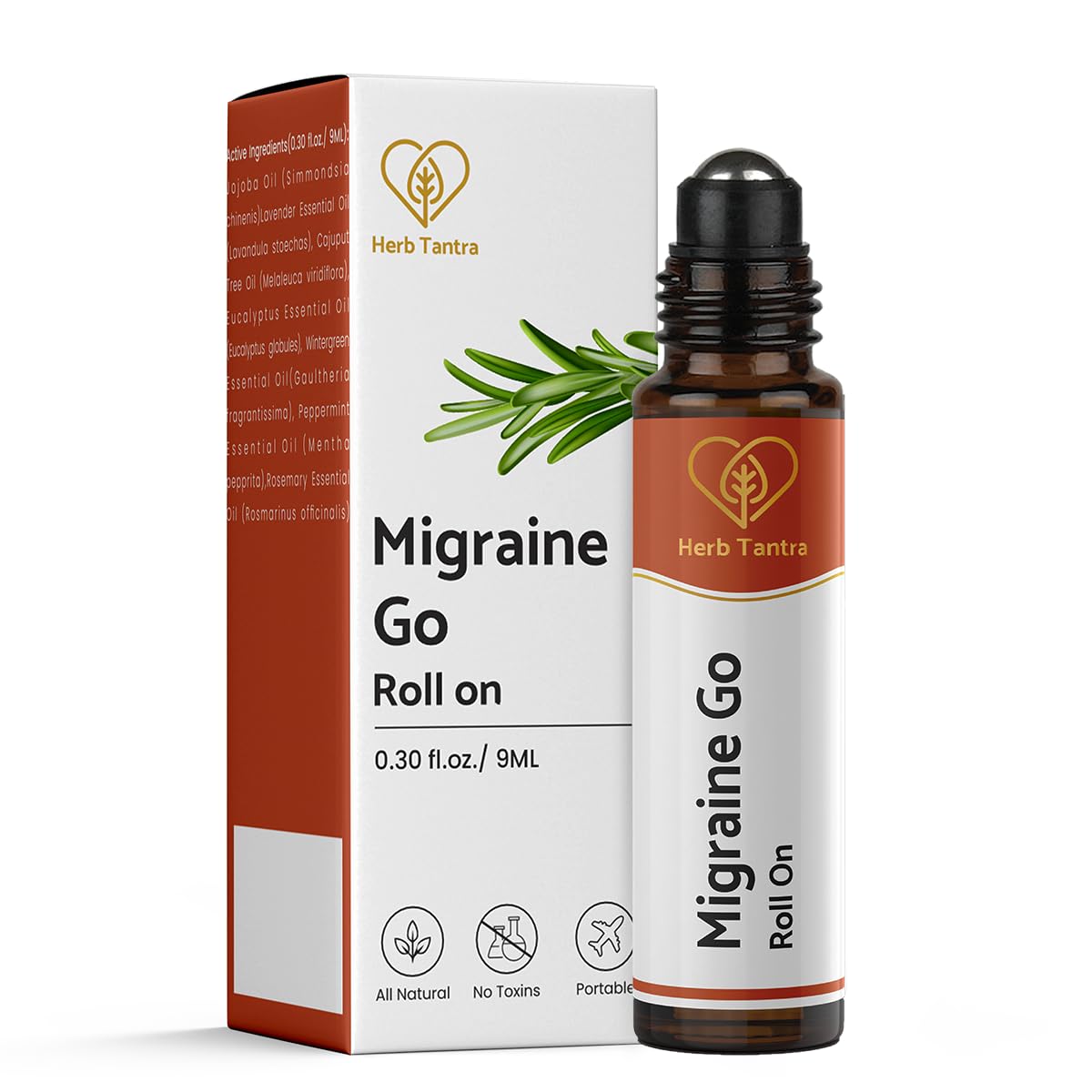Herb Tantra Migraine Go Roll On | Headache Roll On Stick | Essential Oil Blend of Eucalyptus, Rosemary, Peppermint & Lavender | 100% Pure and Natural