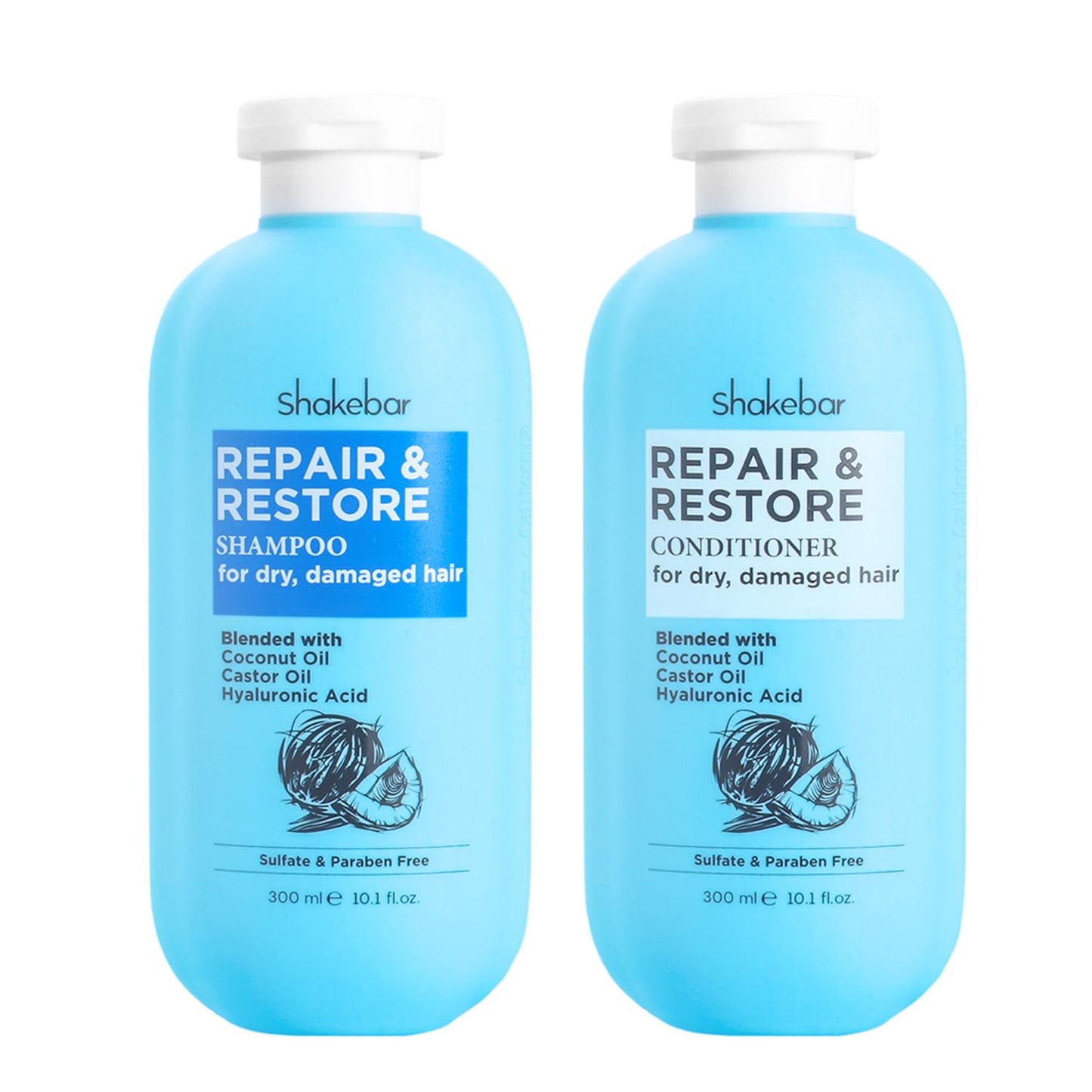 SHAKEBAR Coconut Shampoo and Conditioner, Natural Castor Oil Shampoo and Conditioner, Moisturize Dry & Damaged Hair, Hydration & Softens, Sulfate & Paraben Free.300ml / 10.1fl Oz.