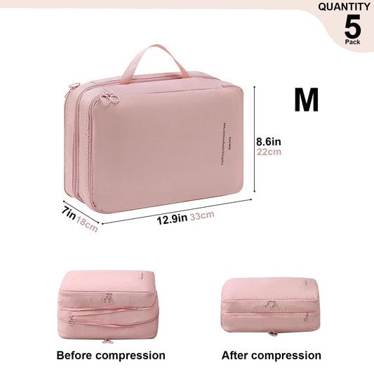 Double-Layered Compression Packing Cubes for Travel, Luggage Organizer Bags Compressible for Suitcase Packing Bag Travel Accessories, Pink, M