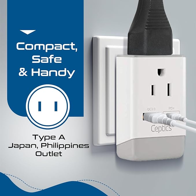 Ceptics Japan, Philippines Power Travel Plug Adapter, QC 3.0 & PD, Safe Dual USB & USB-C - 2 USA Socket Compact & Powerful - USA 3 Pin Polarized to 2 Prong Unpolarized - Type A - AP-6 Fast Charging