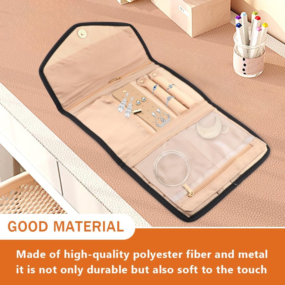 Parthan Travel Jewelry Organizer Case, Foldable Jewelry Storage Roll with 50 pcs Transparent Self Sealing Bag for Store Necklaces Earrings Bracelets Rings, Travel Essentials Girls Gifts(Black)