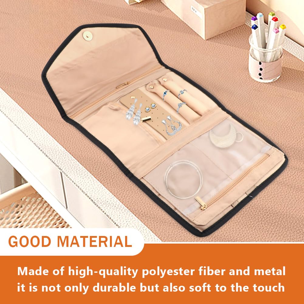 Parthan Travel Jewelry Organizer Case, Foldable Jewelry Storage Roll with 50 pcs Transparent Self Sealing Bag for Store Necklaces Earrings Bracelets Rings, Travel Essentials Girls Gifts(Black)