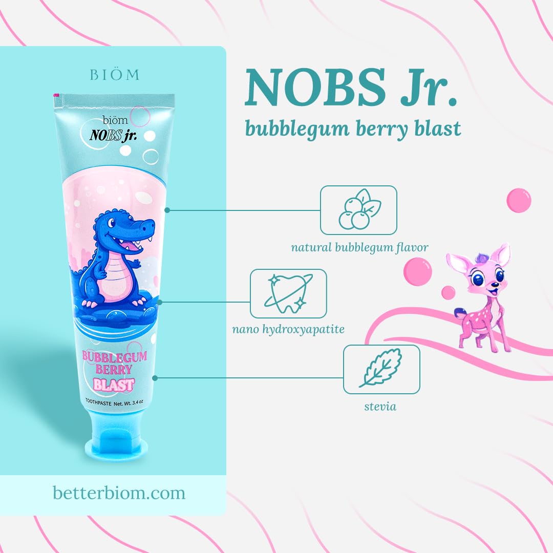 NOBS Jr. Kids Nano Hydroxyapatite Toothpaste – Fluoride Free, SLS-Free, Remineralizing - Dentist Formulated - Bubblegum Berry