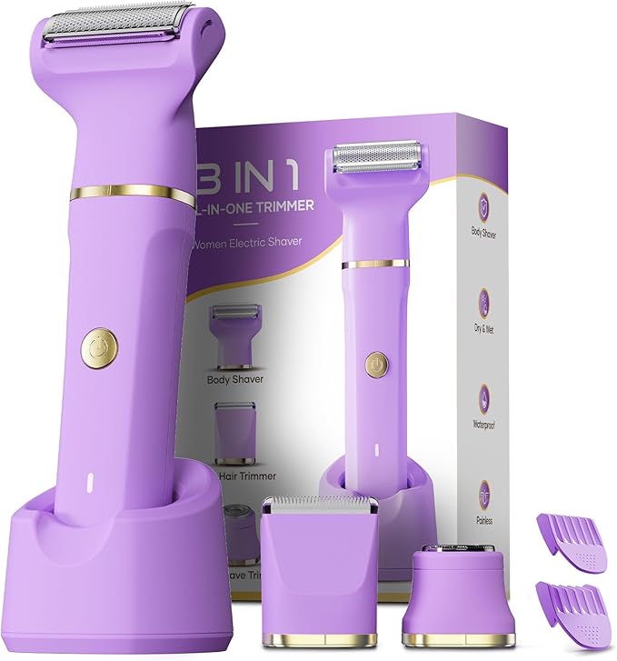 Bikini Trimmer 3 in 1 Electric Razor for Women - IPX7 Waterproof Wet & Dry Body Shaver, Pubic & Facial Hair Remover with Ceramic Blade, USB Rechargeable Dock & Gift Ready