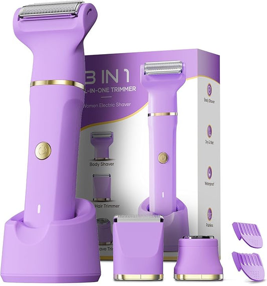 Bikini Trimmer 3 in 1 Electric Razor for Women - IPX7 Waterproof Wet & Dry Body Shaver, Pubic & Facial Hair Remover with Ceramic Blade, USB Rechargeable Dock & Gift Ready